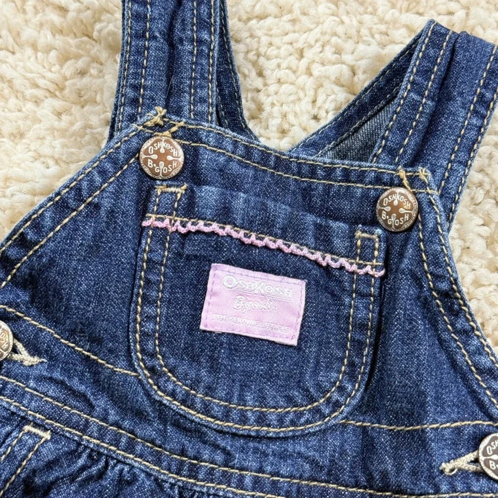 OshKosh Bgosh Vintage Blue Denim Floral Embroidered Overall Jumper Dress 3M